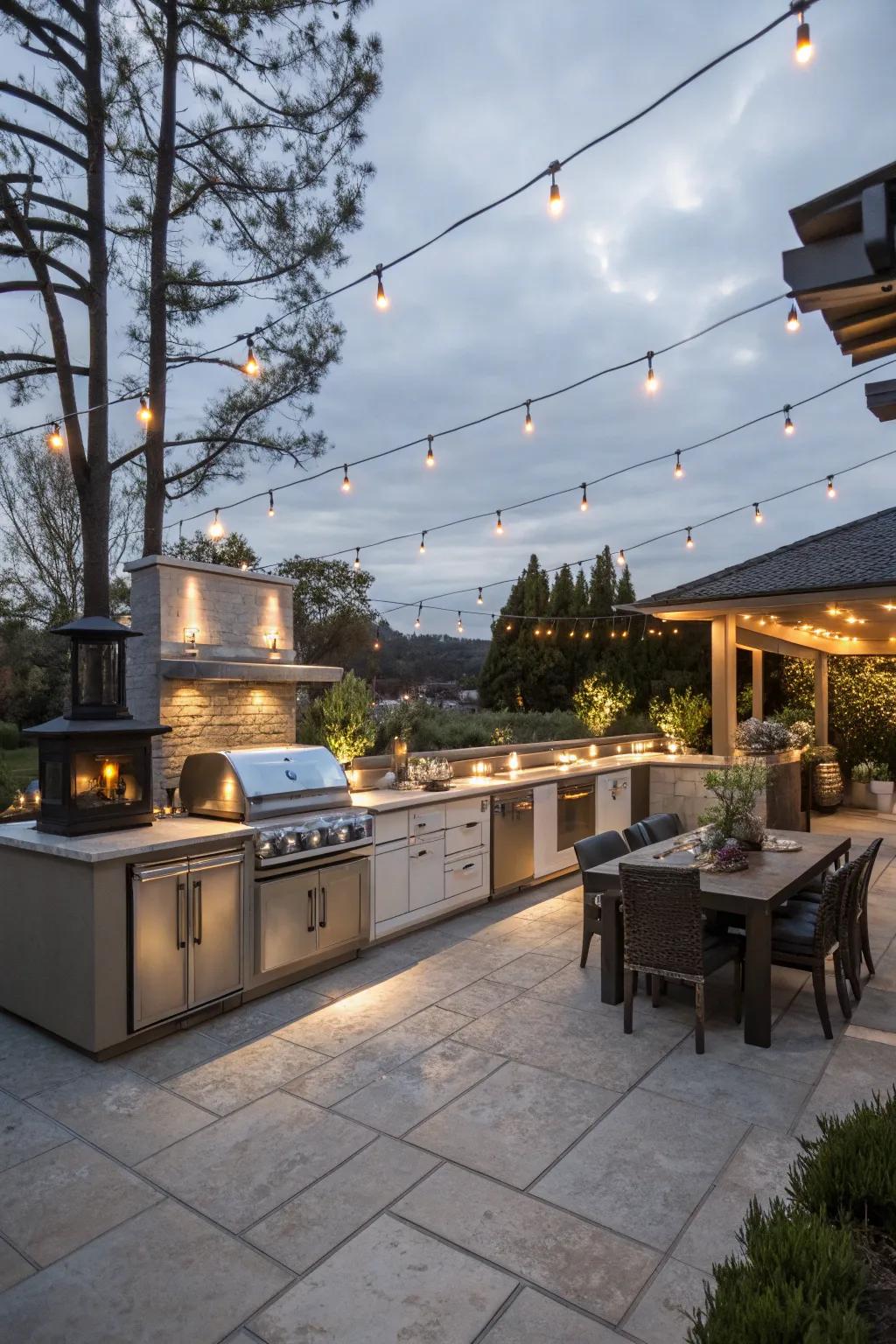 Layered lighting adds depth and dimension to outdoor kitchens.