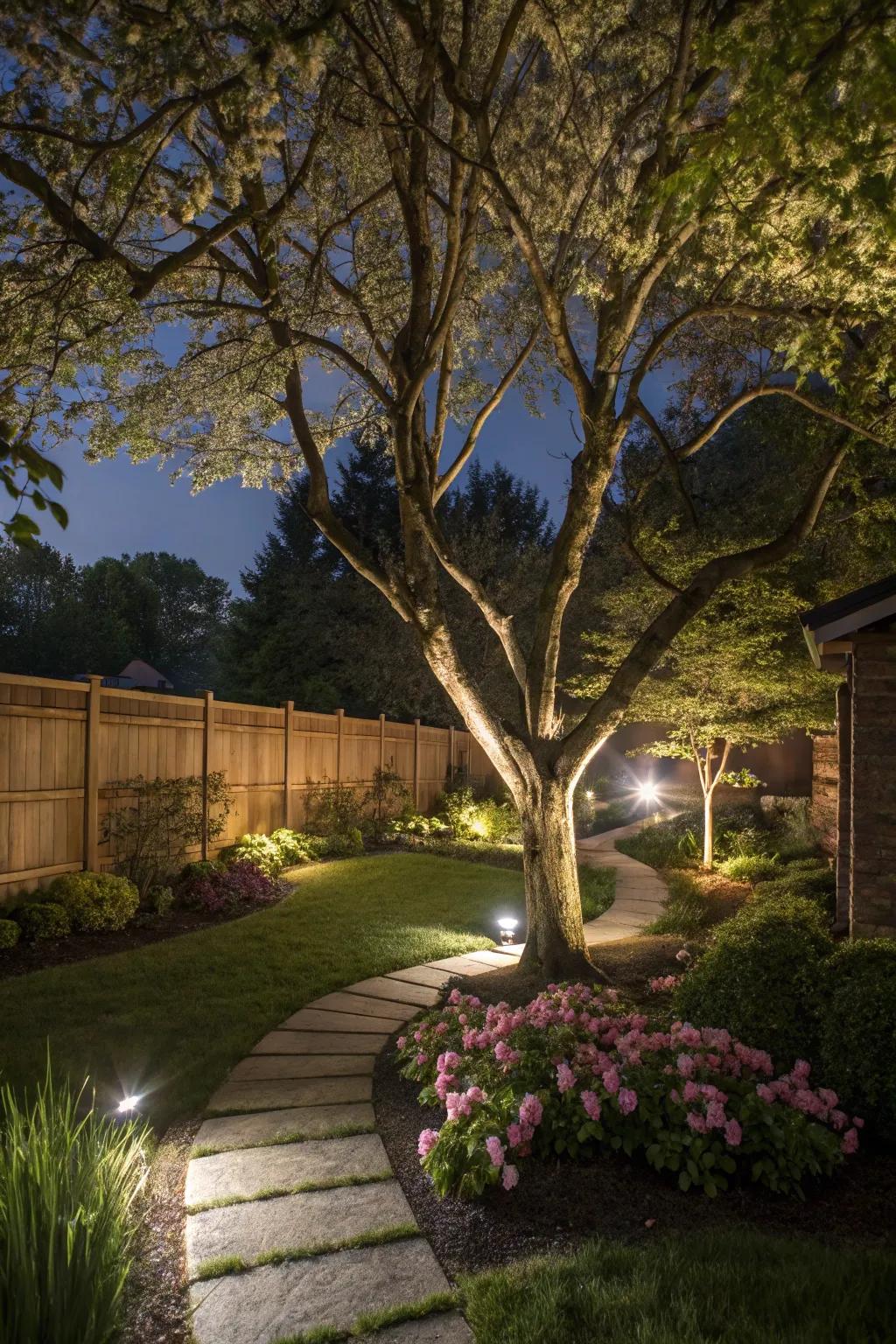 Focus lights highlight the stunning features of your garden.