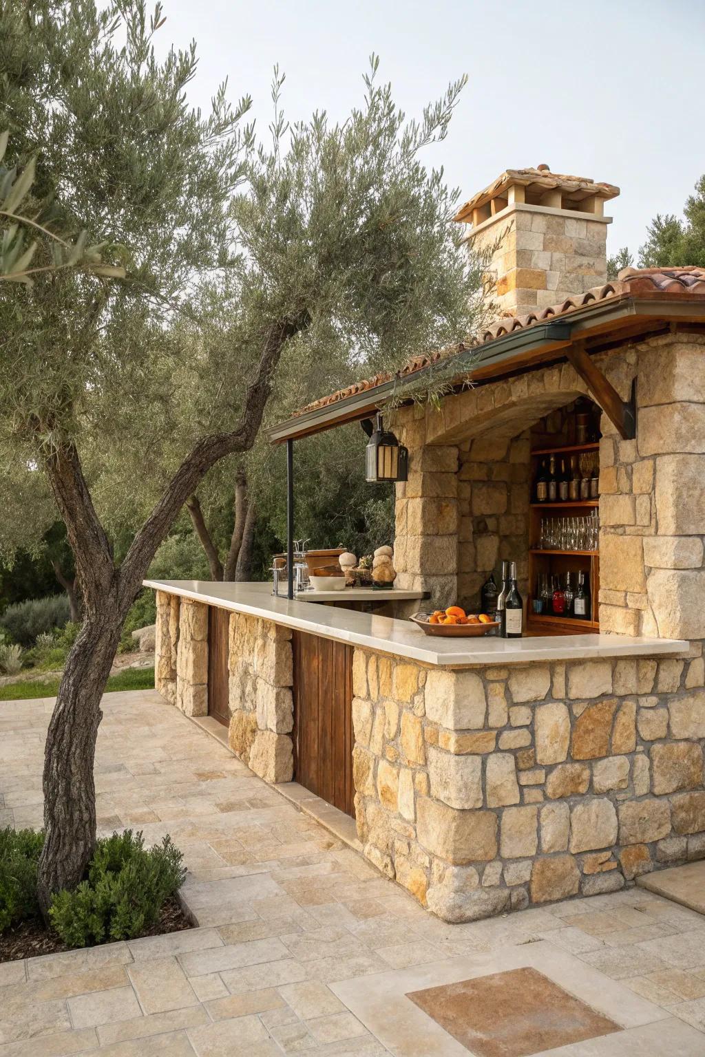 A Mediterranean stone bar with vibrant accents.