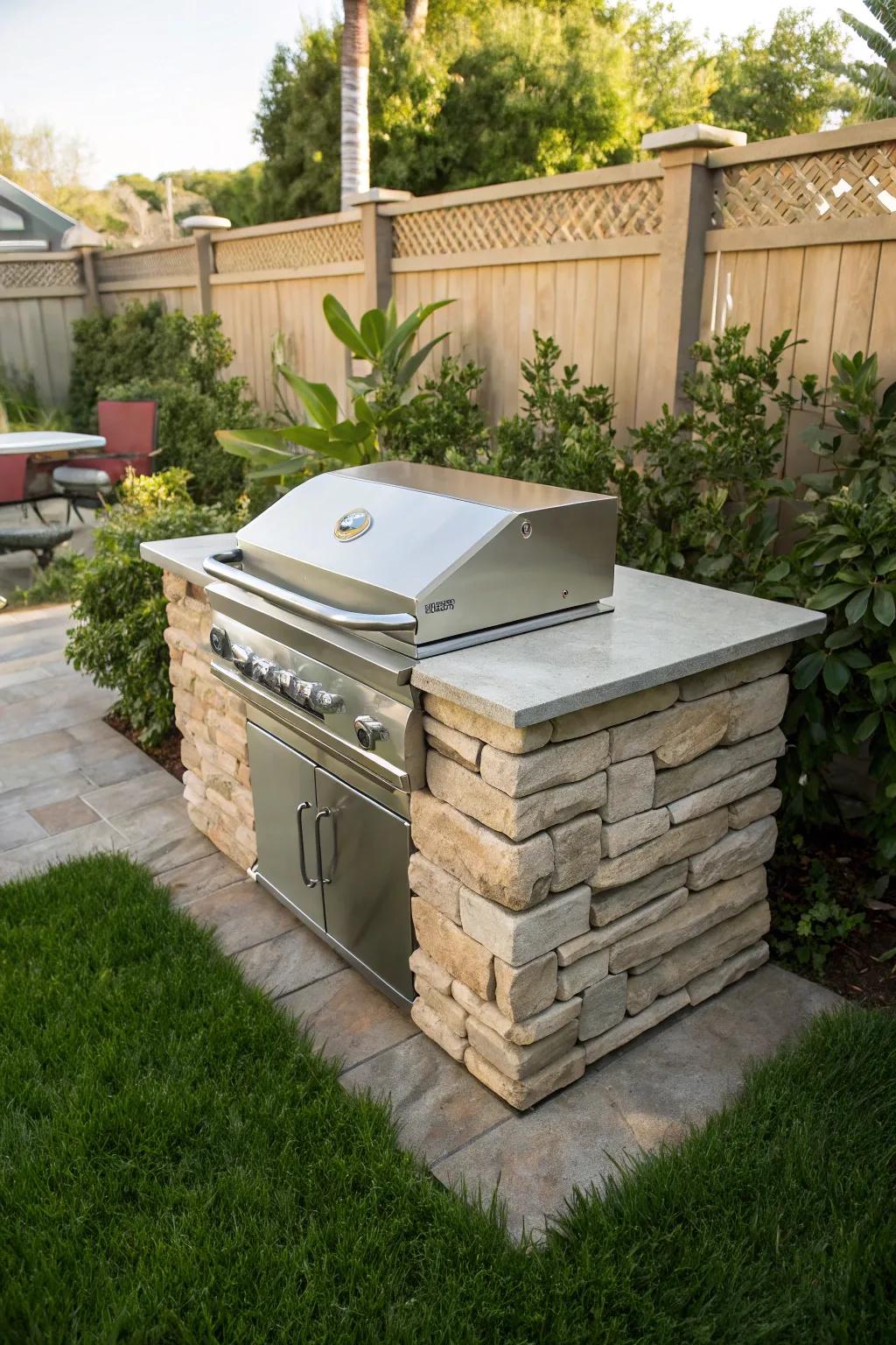 A stacked stone BBQ grill delivers a singular fusion of country and modern design.