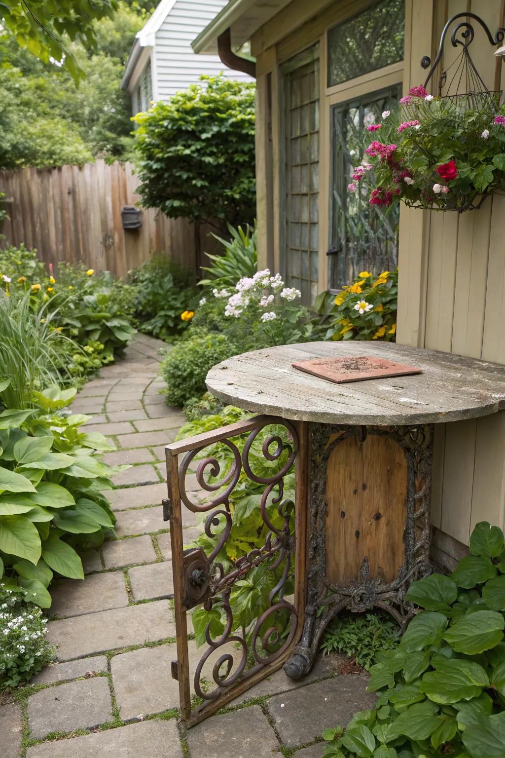A repurposed garden gate table top brings history and charm to any setting.