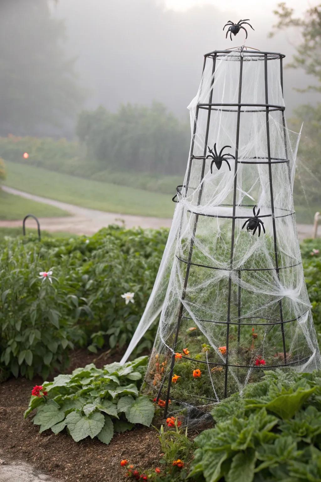 Venture into the arachnid's abode, showcased by this web-enshrouded veggie holder embellishment.