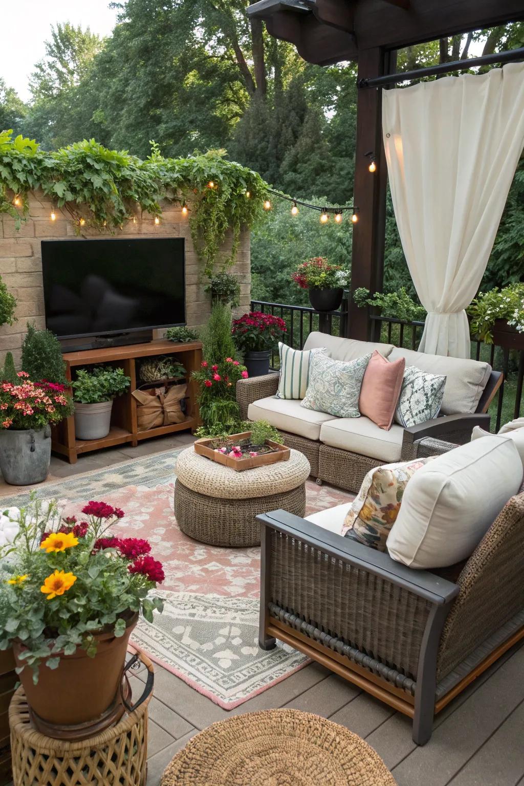 Ornamental aspects incorporate personality and comfort to your outdoor TV setup.