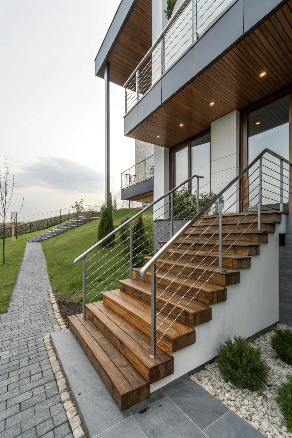 A unique mix of wood and metal for a modern entrance.