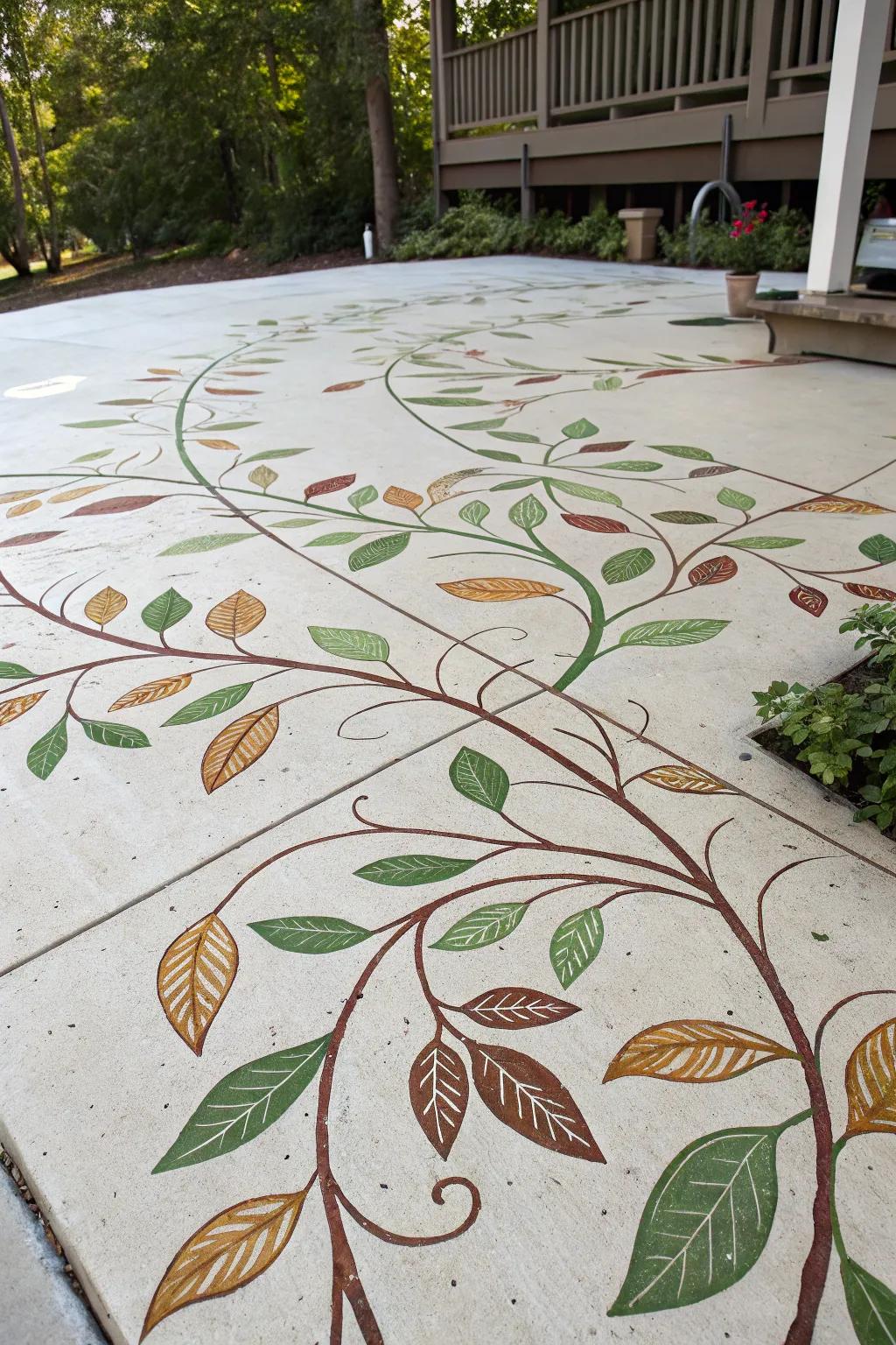 A patio adorned with foliage motifs that harmonize with the adjacent verdure.