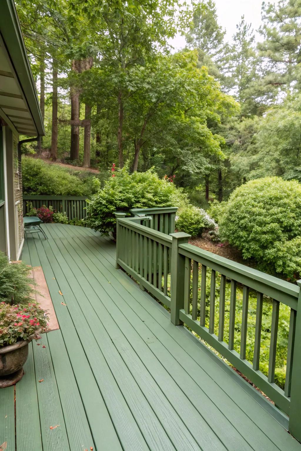 A deck in earthy green hues, perfectly blending with the natural surroundings.