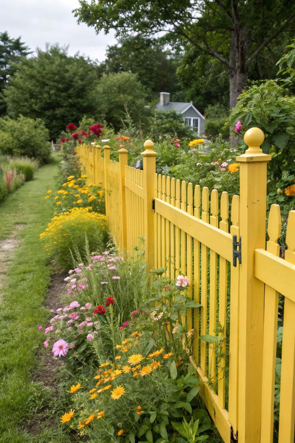 A sunny yellow <strong>fence</strong> brightens any garden area.” loading=”lazy” class=”pimg”>
	</picture><figcaption>A sunny yellow <strong>fence</strong> brightens any garden area.</figcaption></figure>
<p>Bring sunshine to your garden with a <strong>yellow fence</strong>. This vibrant shade always uplifts spirits and encourages a joyful atmosphere.</p>
<h3>Consider these options:</h3>
<ul class=