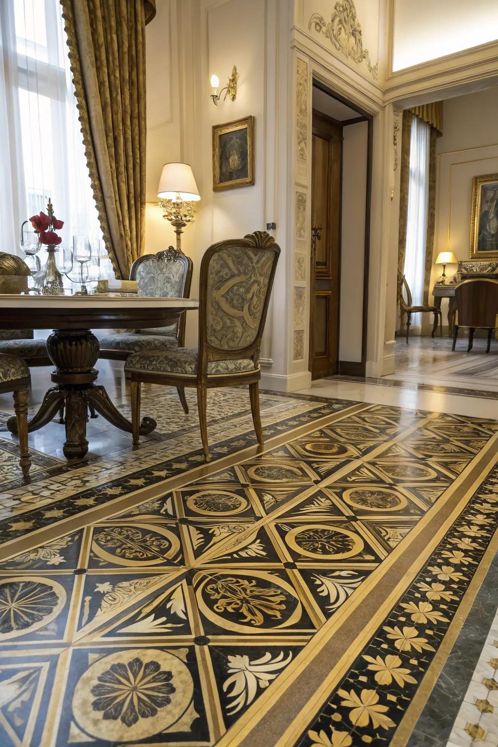 A dining room featuring floors inspired by the Art Deco era, offering a vintage sophistication.