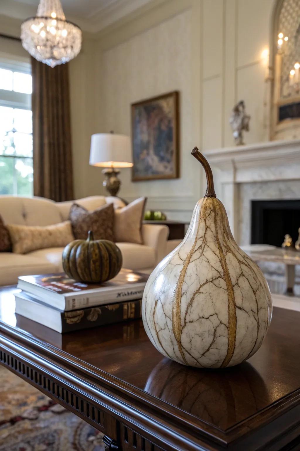 A gourd with a sophisticated faux marble finish.