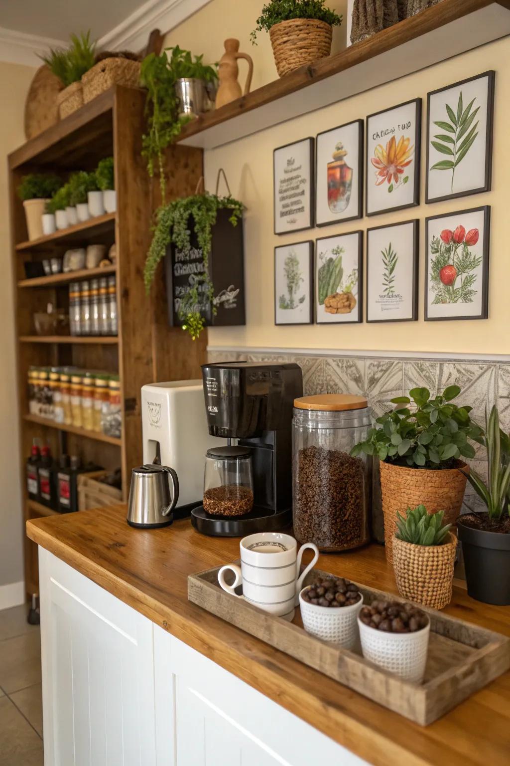 Decorative touches bring character and warmth to a coffee bar.
