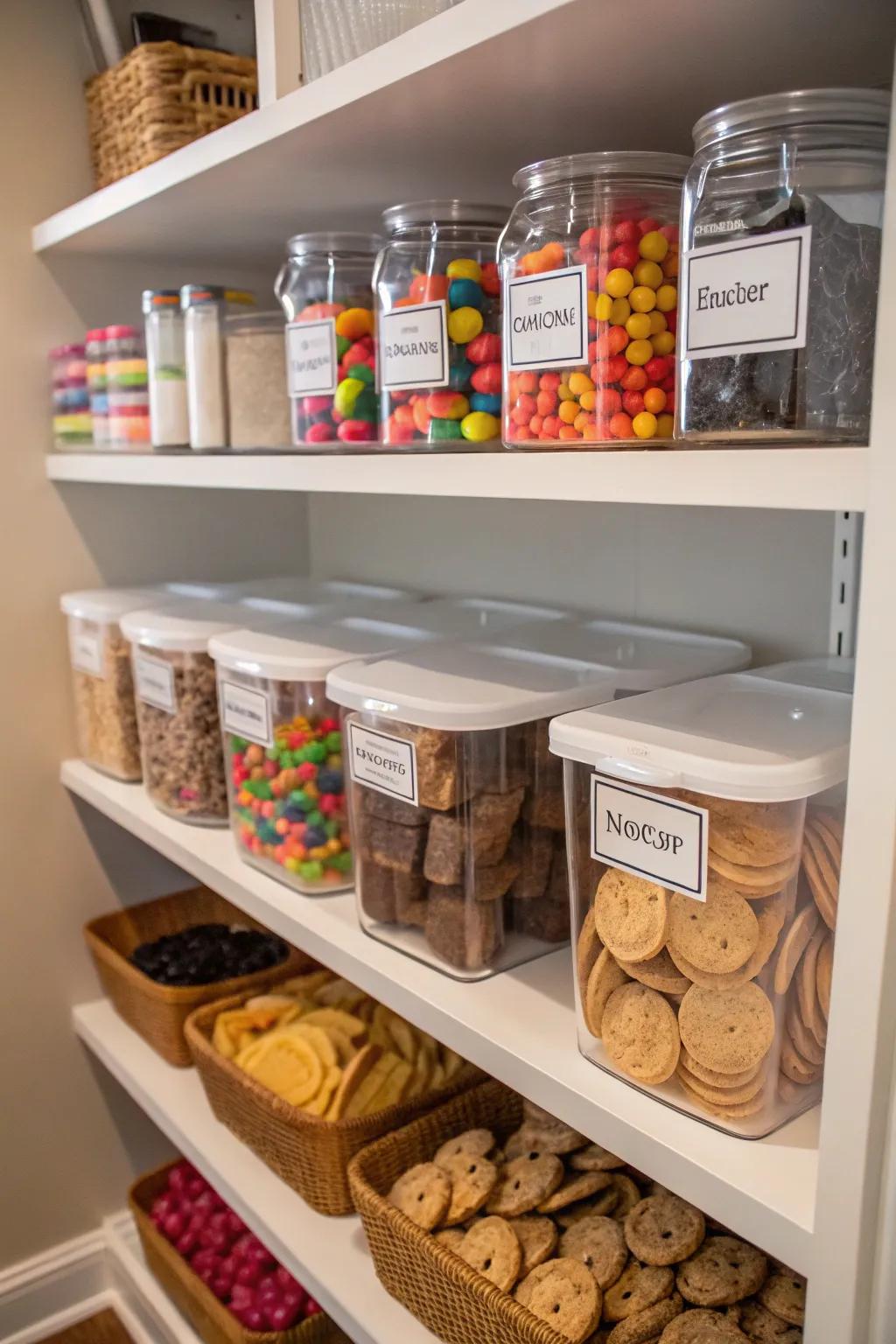 Labels furnish clarity and aid in maintaining order within your snack pantry.