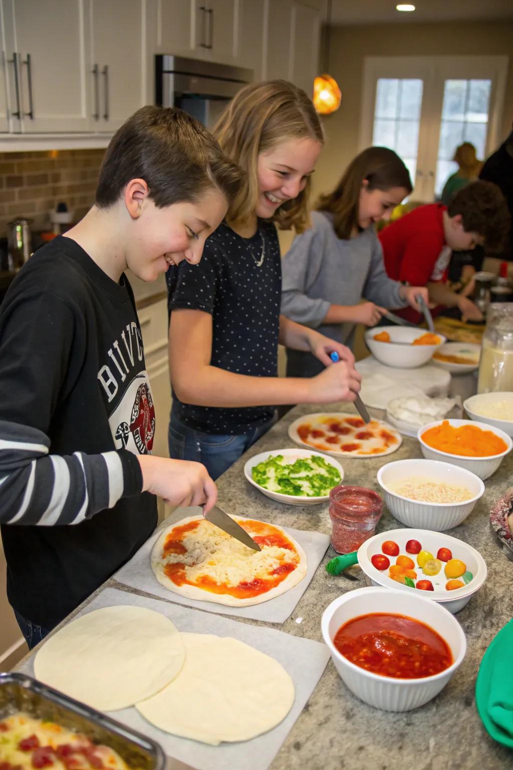 Teenagers creating their delicious pizzas incorporating a medley of toppings.