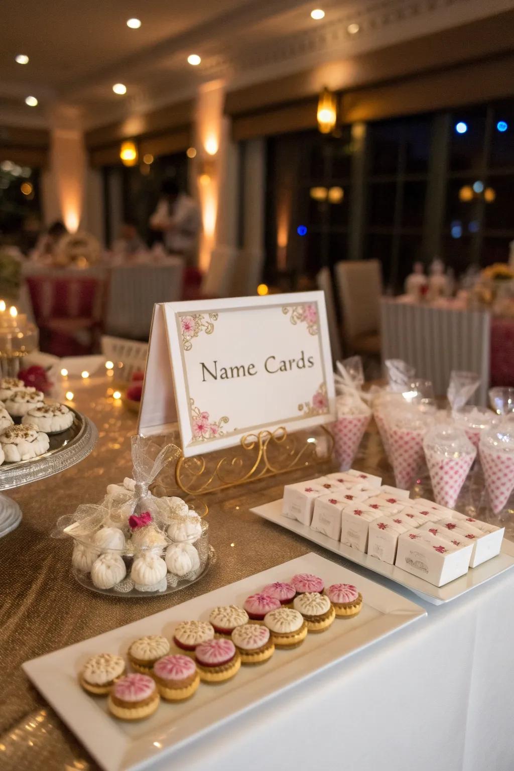 Customized name cards and thematic gifts adding a distinctive touch to the table