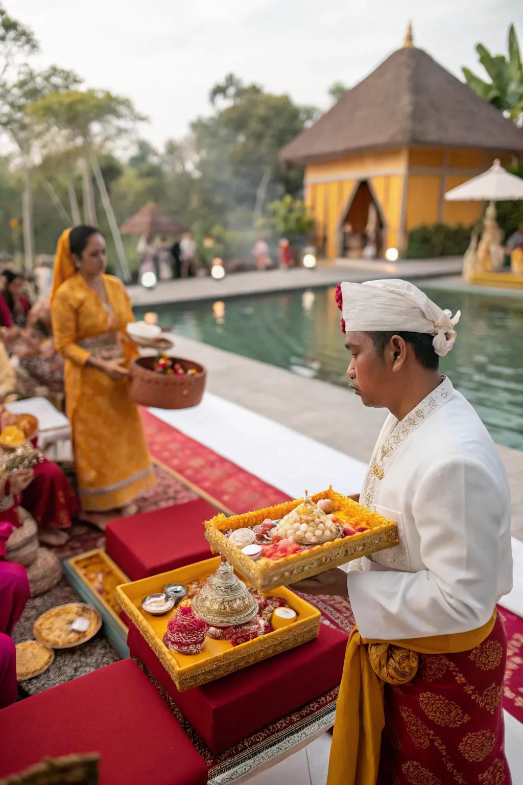 Customary trays and things improve the credibility of a rice-feeding event.