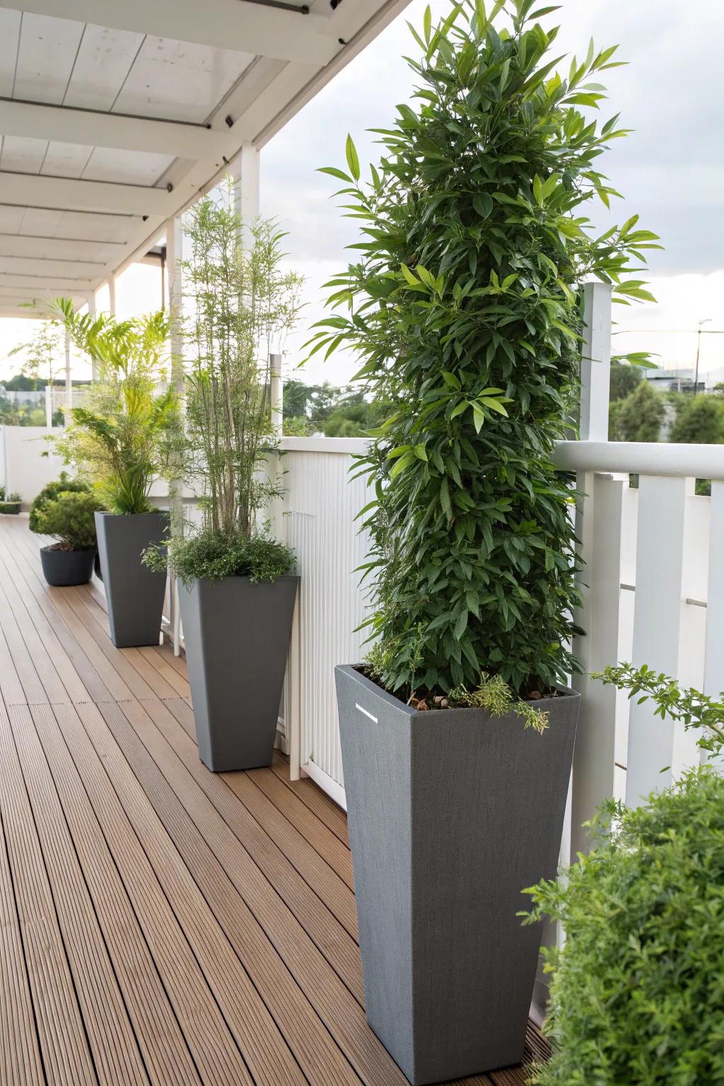 Lofty planters acting as natural dividers on a patio.