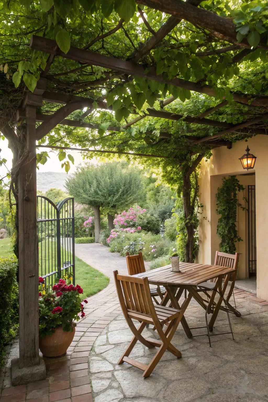 Greenery-draped trellises bring nature's shade to your patio.