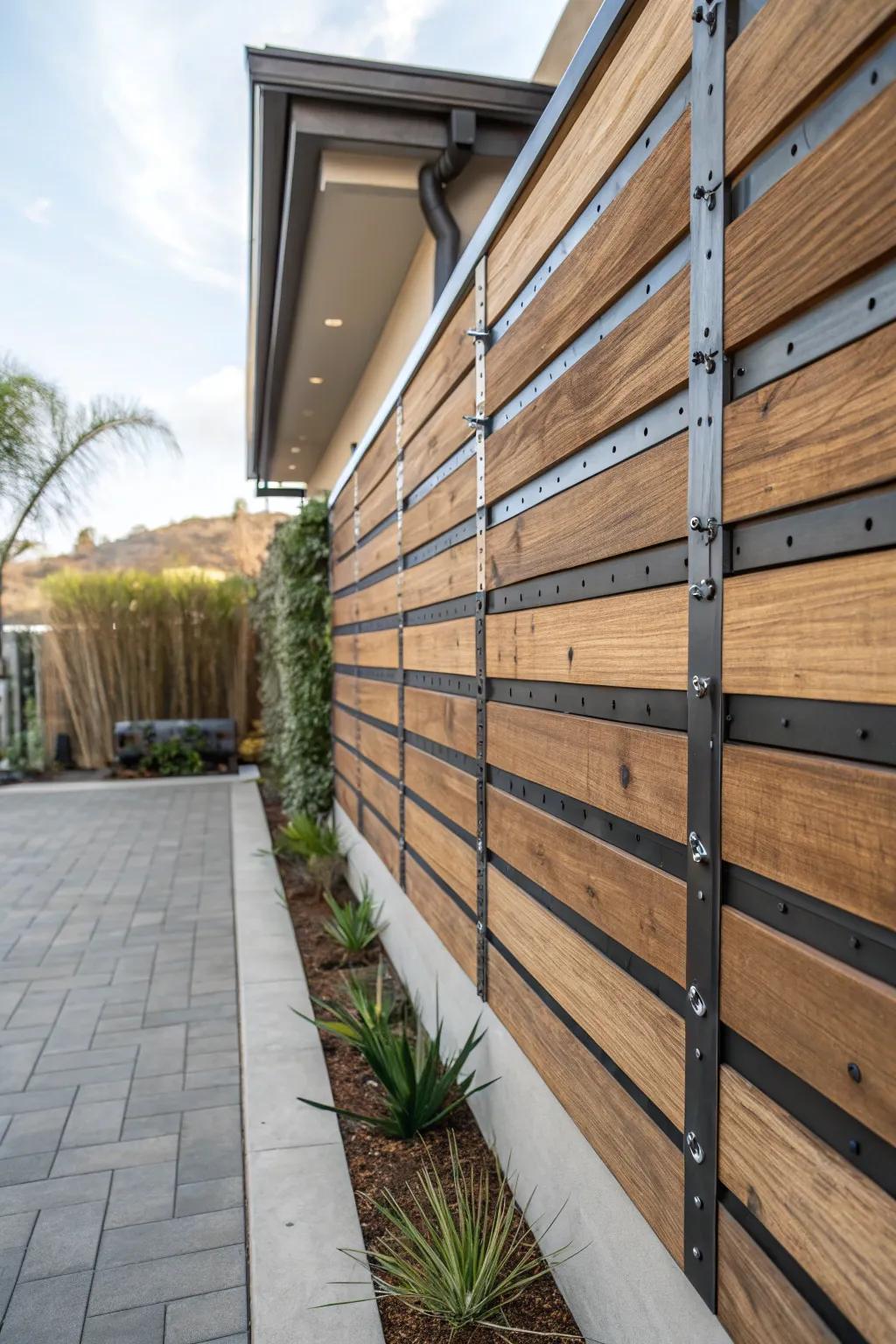 A modern patio wall featuring wood and metal elements.