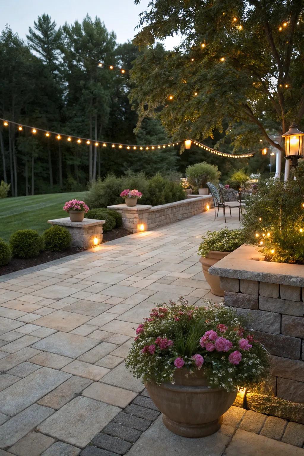 A paver patio elevated with decorative lighting and vivid plant decorations.