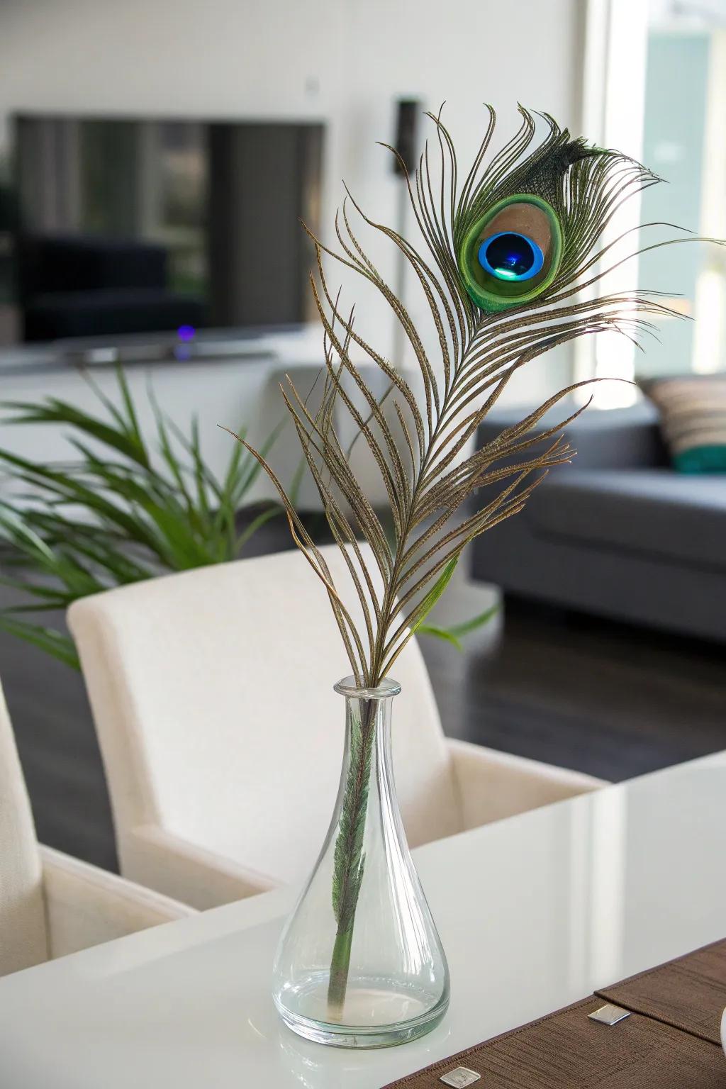 Minimalist sophistication featuring a single peacock plume.