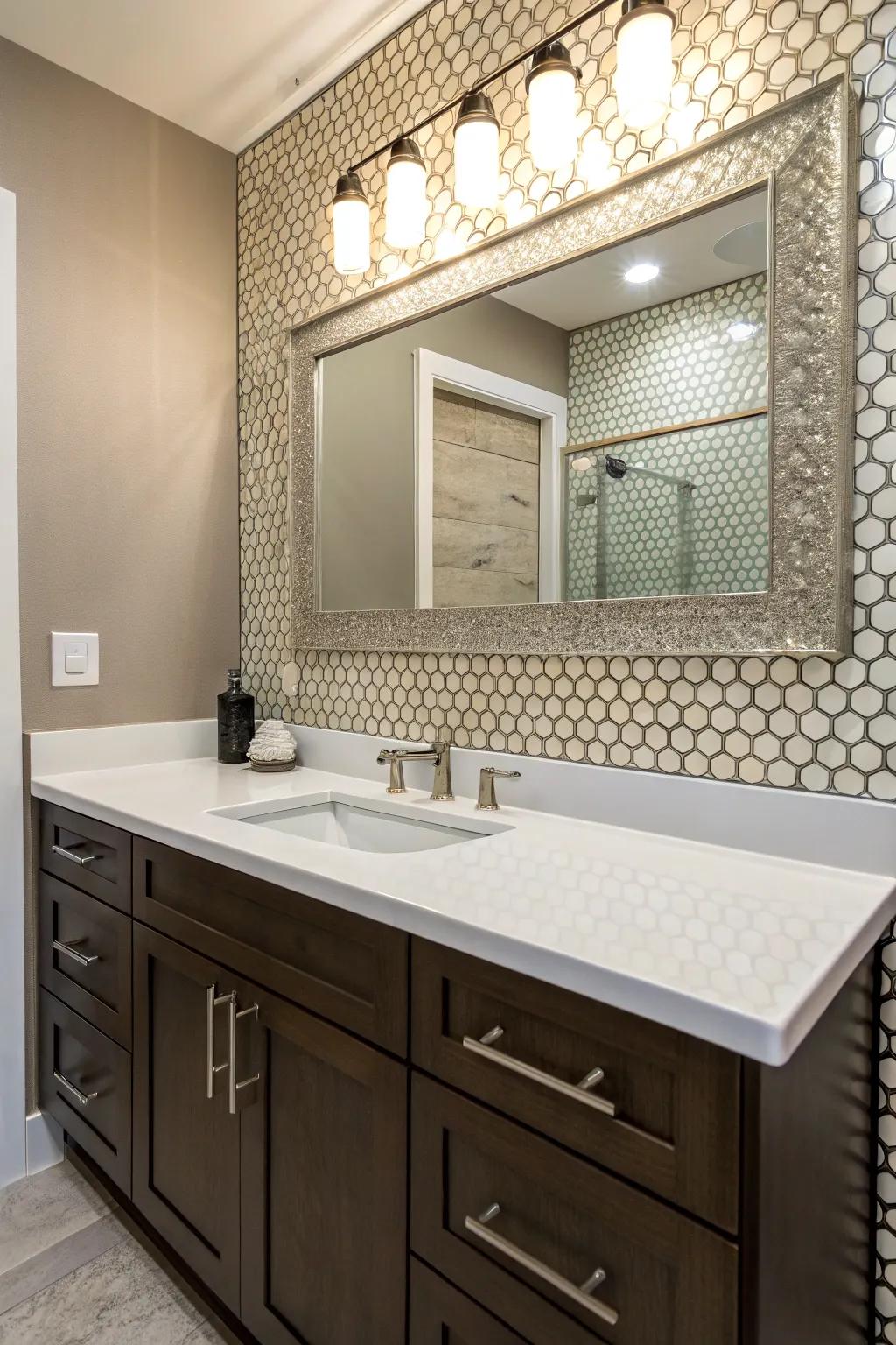 A stylish penny tile backsplash behind a modern vanity.