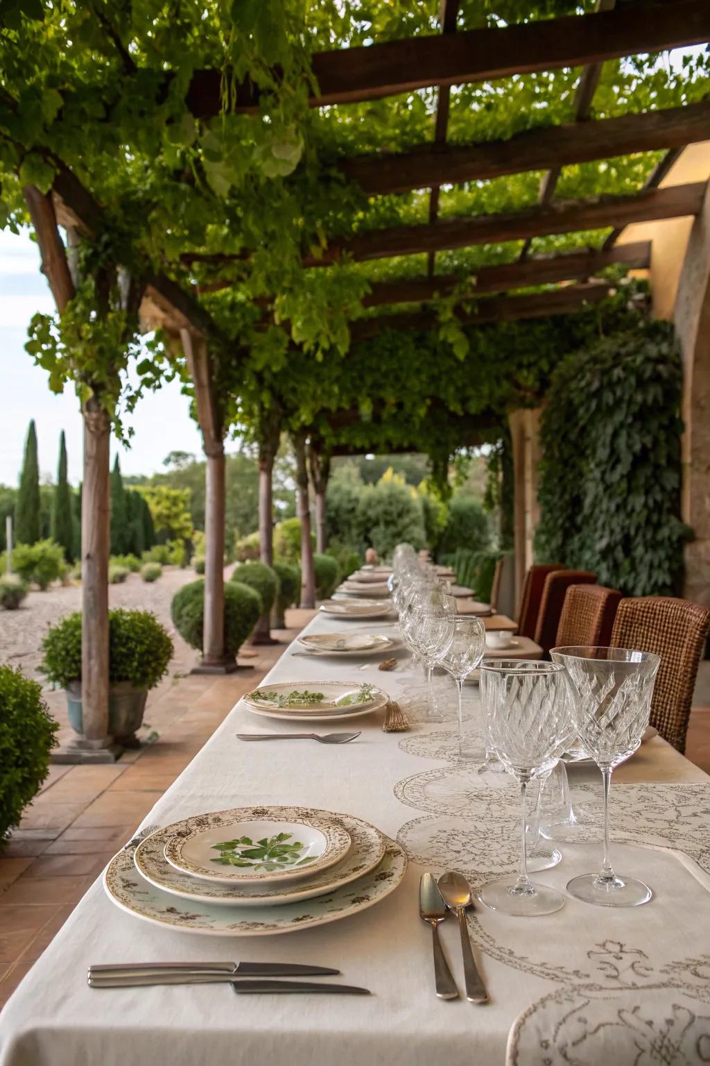 Dining under a pergola provides a memorable and charming outdoor experience.