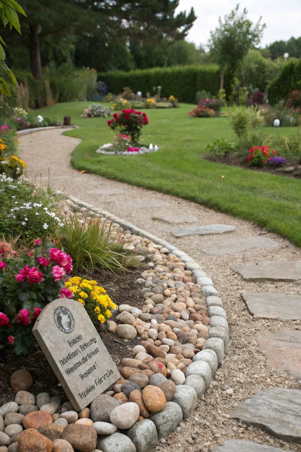 A pebble path gracefully guides visitors to a special memorial corner within the garden.