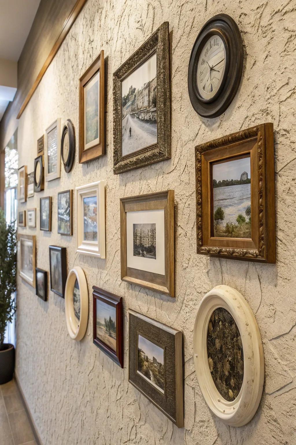 An asymmetrical arrangement that creates a dynamic and artistic photo wall.