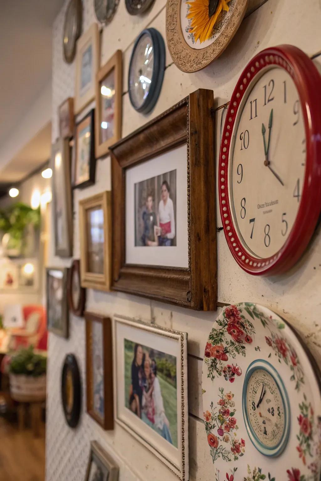 Mixed media exhibits create a textured and captivating wall.