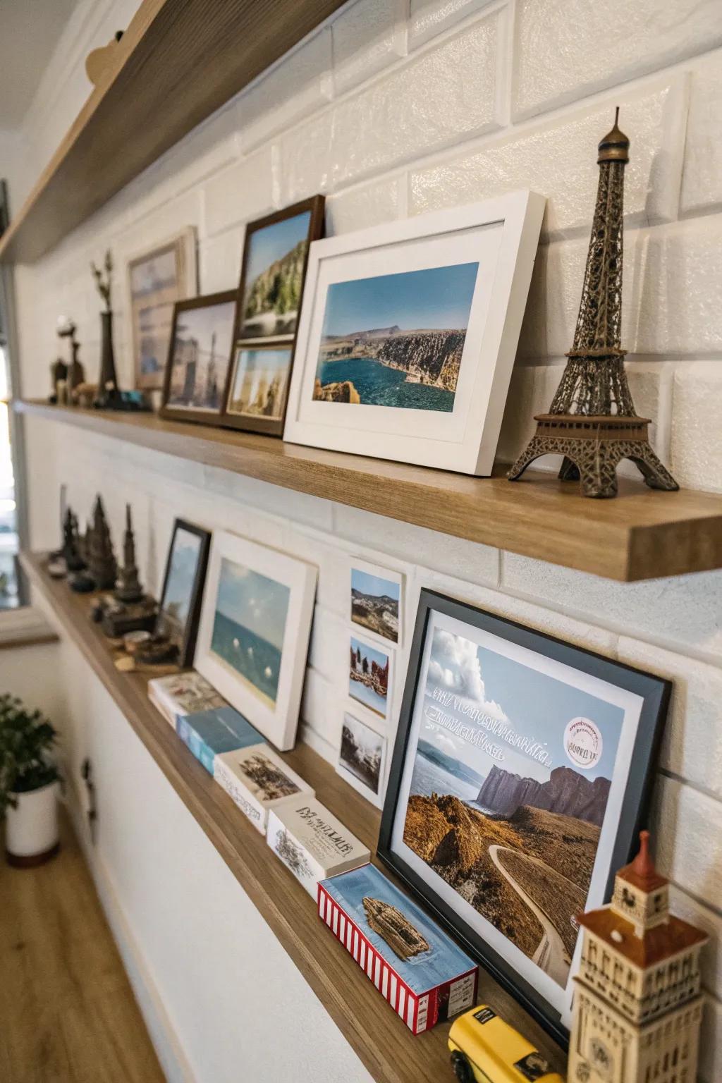 An organized exhibition on a picture ledge tells a narrative.