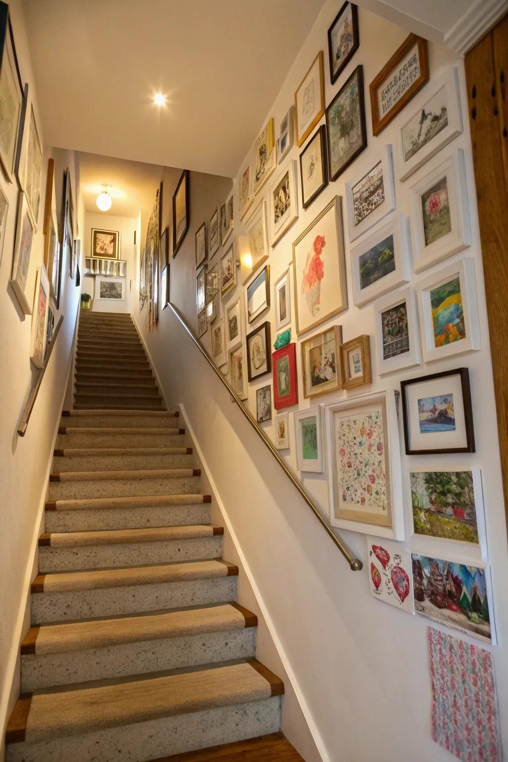 A creatively designed picture wall accentuating a stairway.
