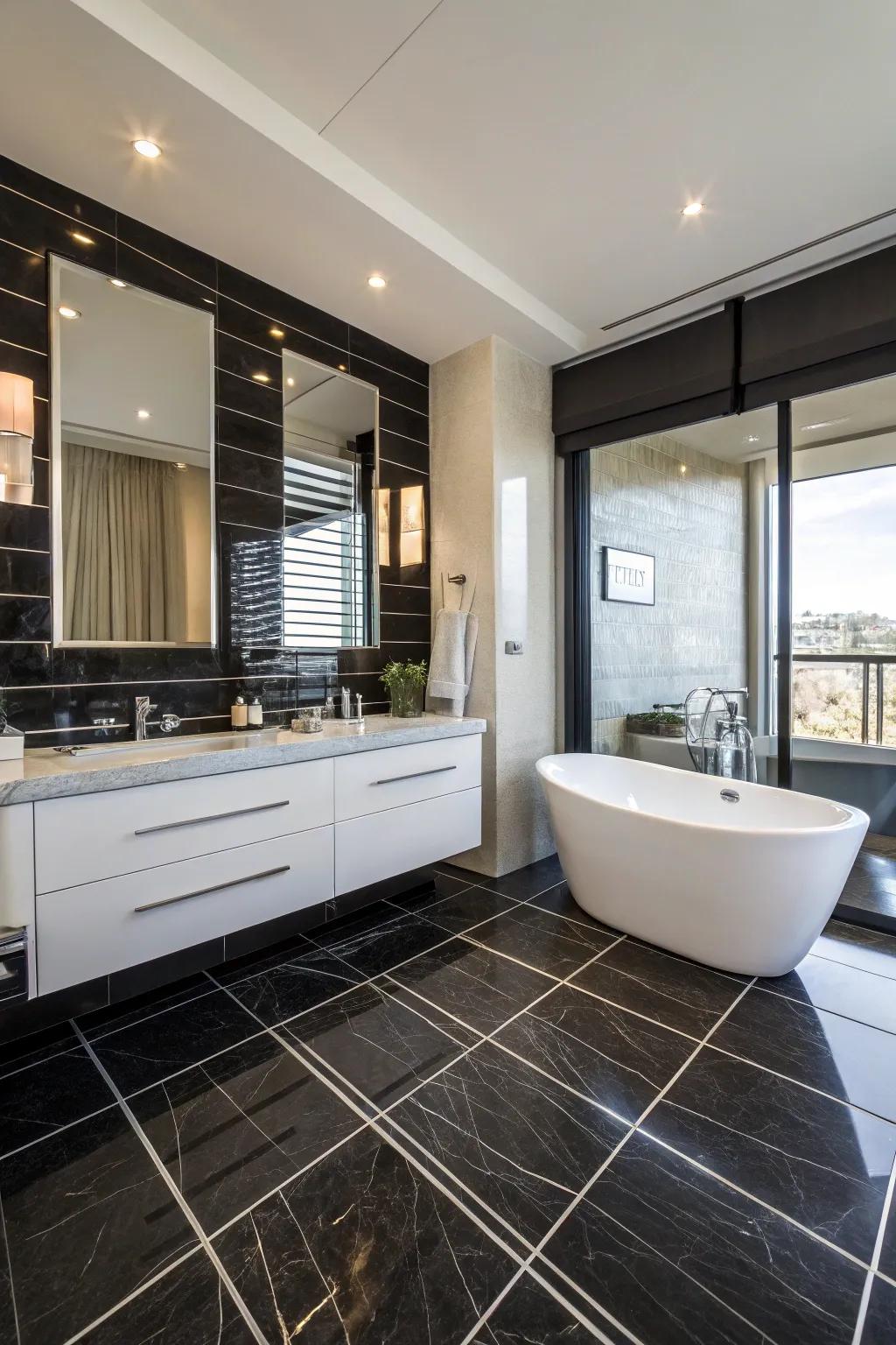 Ebony stones contribute refinement and contrast within washrooms.