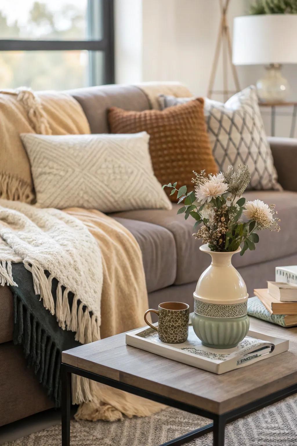 Layered throws on a couch, demonstrating an array of fabrics and hues.