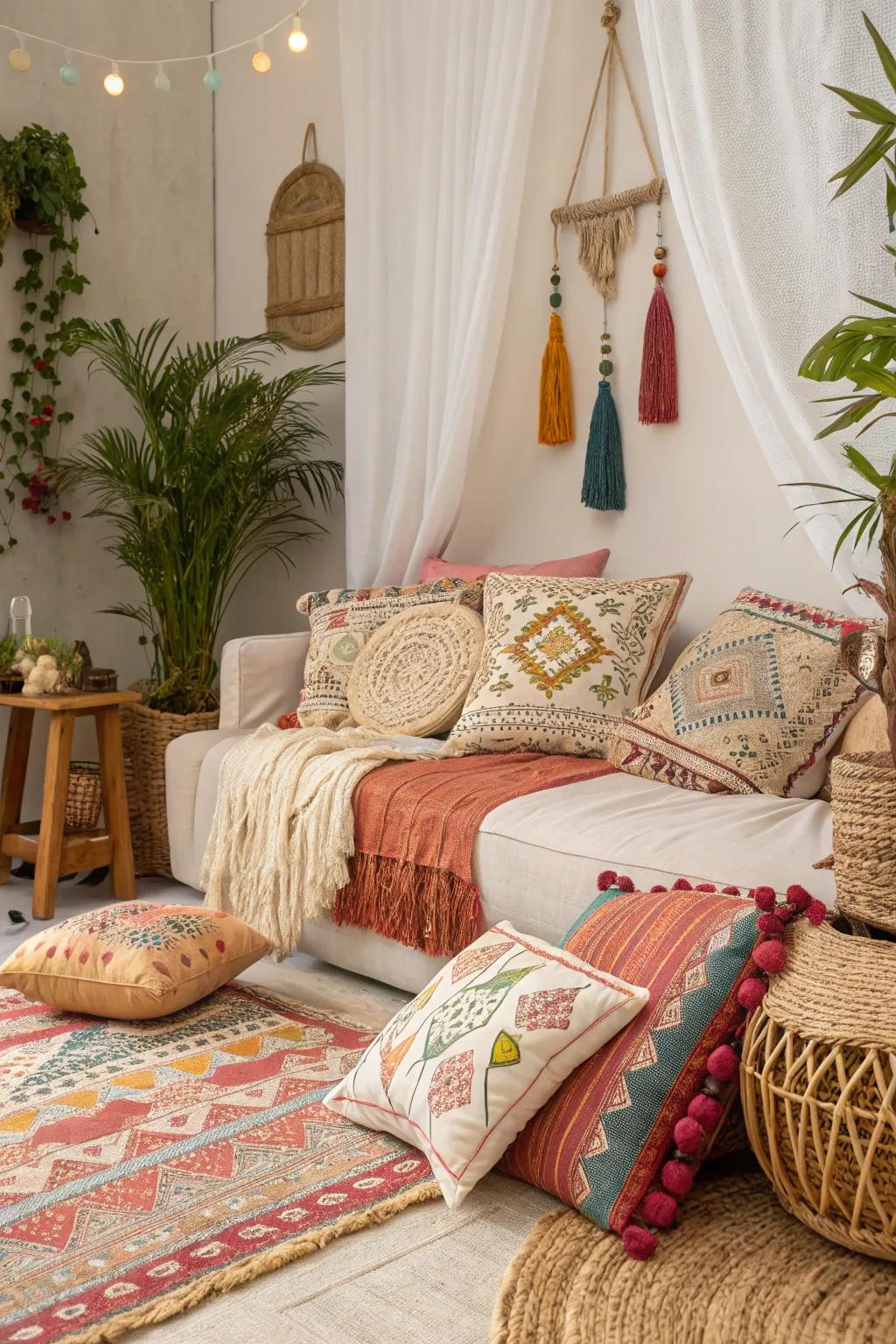 Bohemian pillows adding a whimsical touch to the decor.
