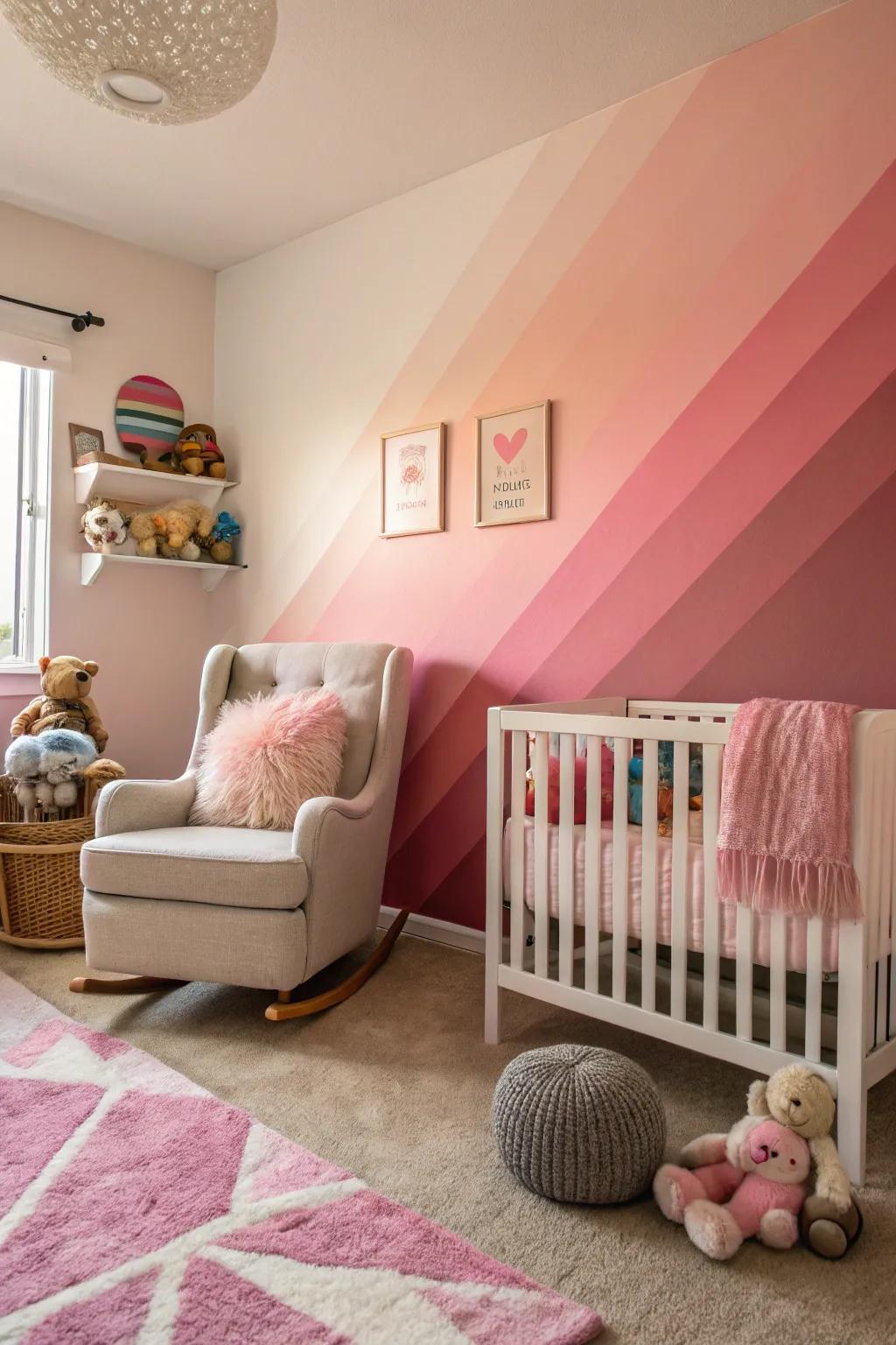 A nursery with a pink ombre wall that exudes artistry.