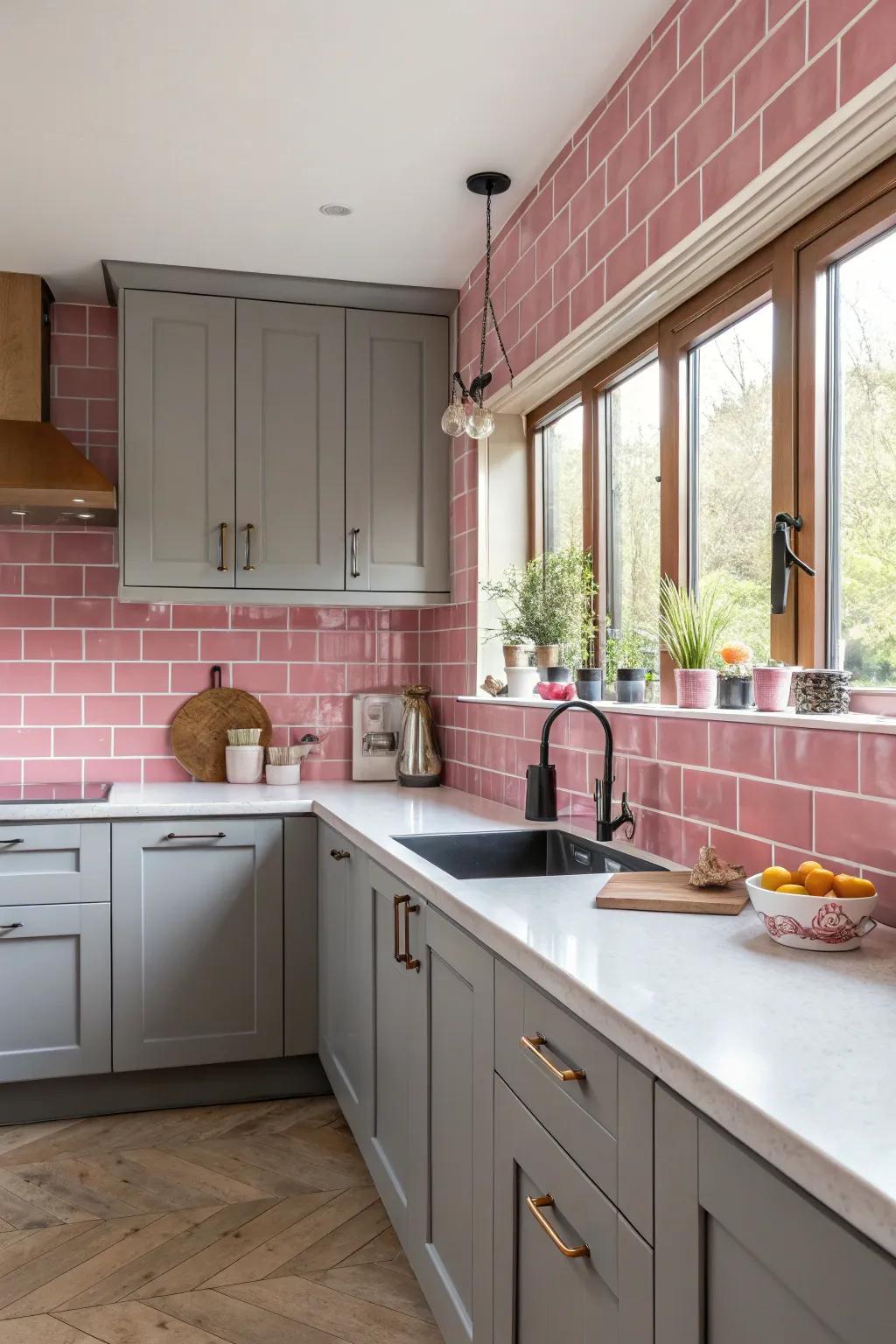 A lively rose tiled splashback featured in a grey kitchen.
