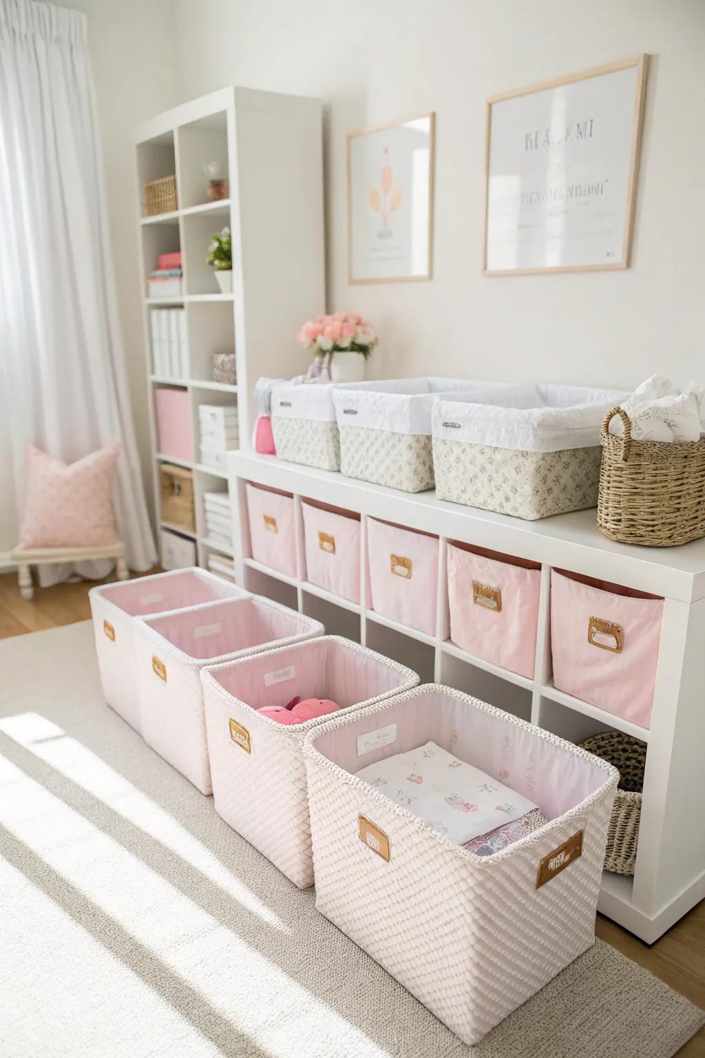 Chic storage alternatives maintain the nursery's organized and stylish appearance.