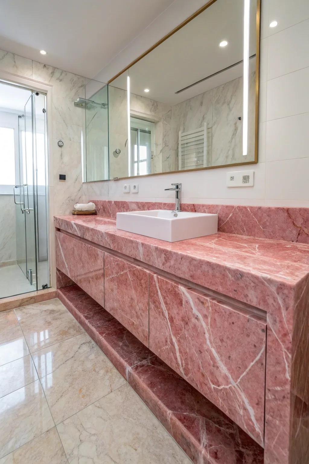 Rose veined marble adds luxury and elegance.