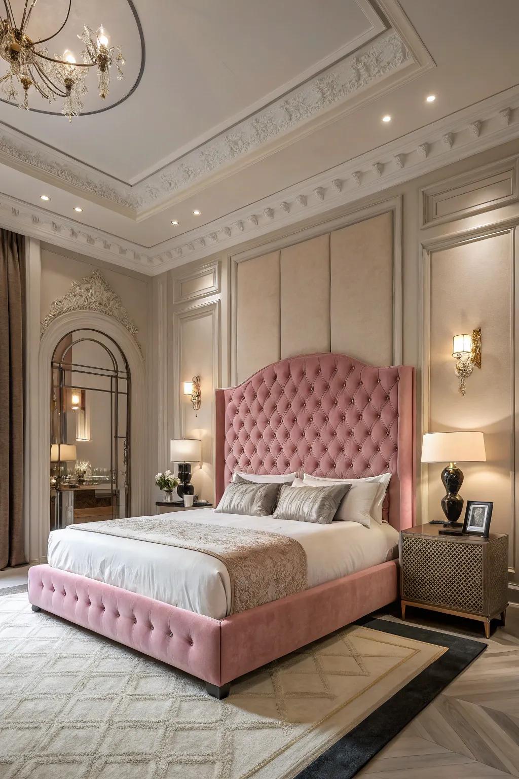 A dramatic and luxurious bedroom featuring an oversized pink headboard.