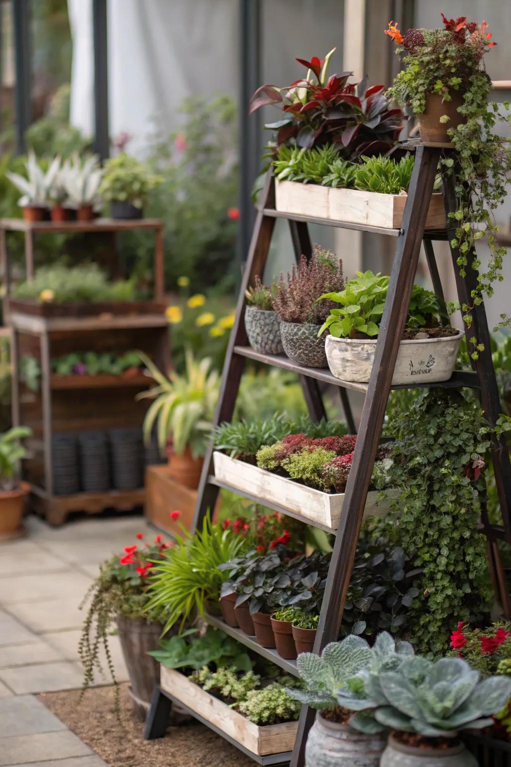 Add visual depth with layered plant displays.