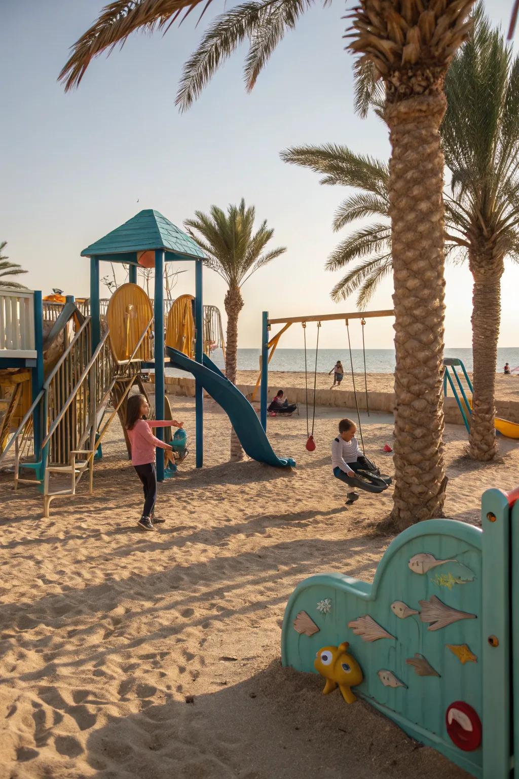 Sand turns the playground into a beach-like getaway.