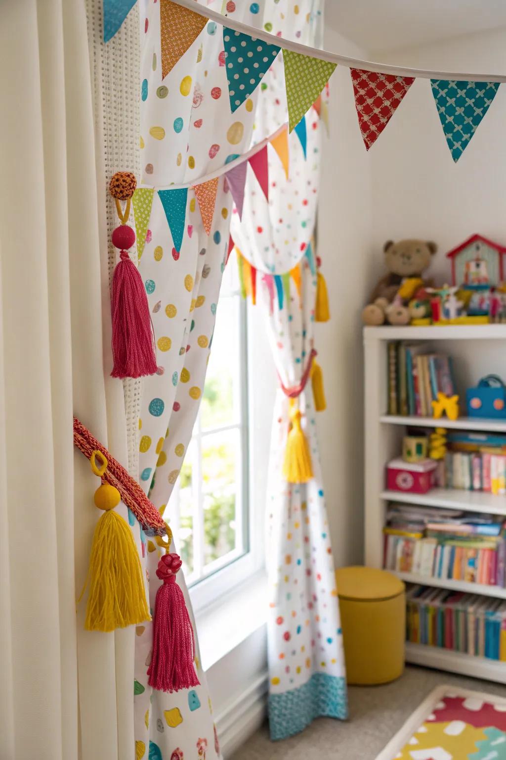 Decorative touches like pennants add charm to playroom drapes.
