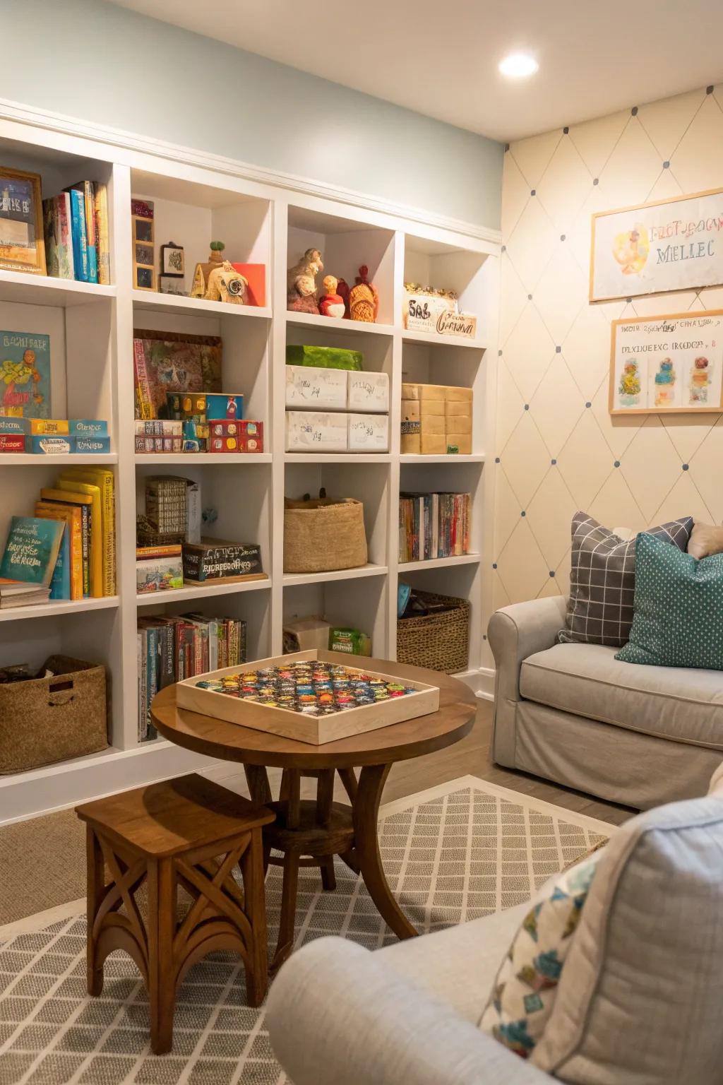 A corner dedicated to board games, best for in-person interactions.