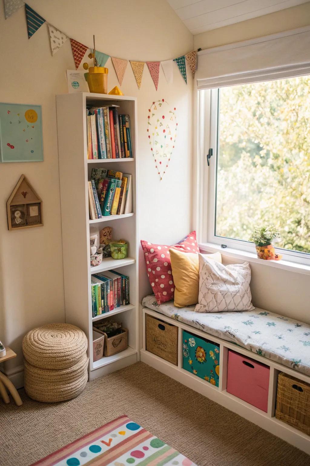 An inviting reading space with a small bookshelf and cushions, ideal for story time.