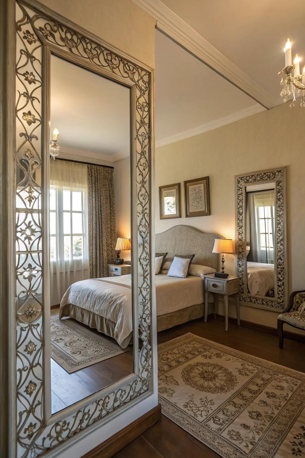 Decorative mirrors add depth and elegance to a luxurious bedroom.