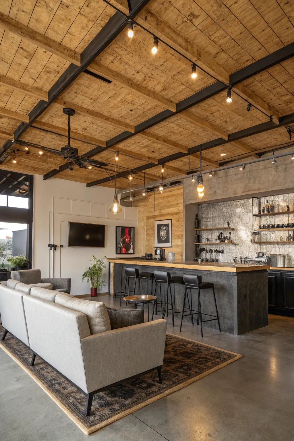 An industrial look with plywood and untreated joists adding dimension to the ceiling.