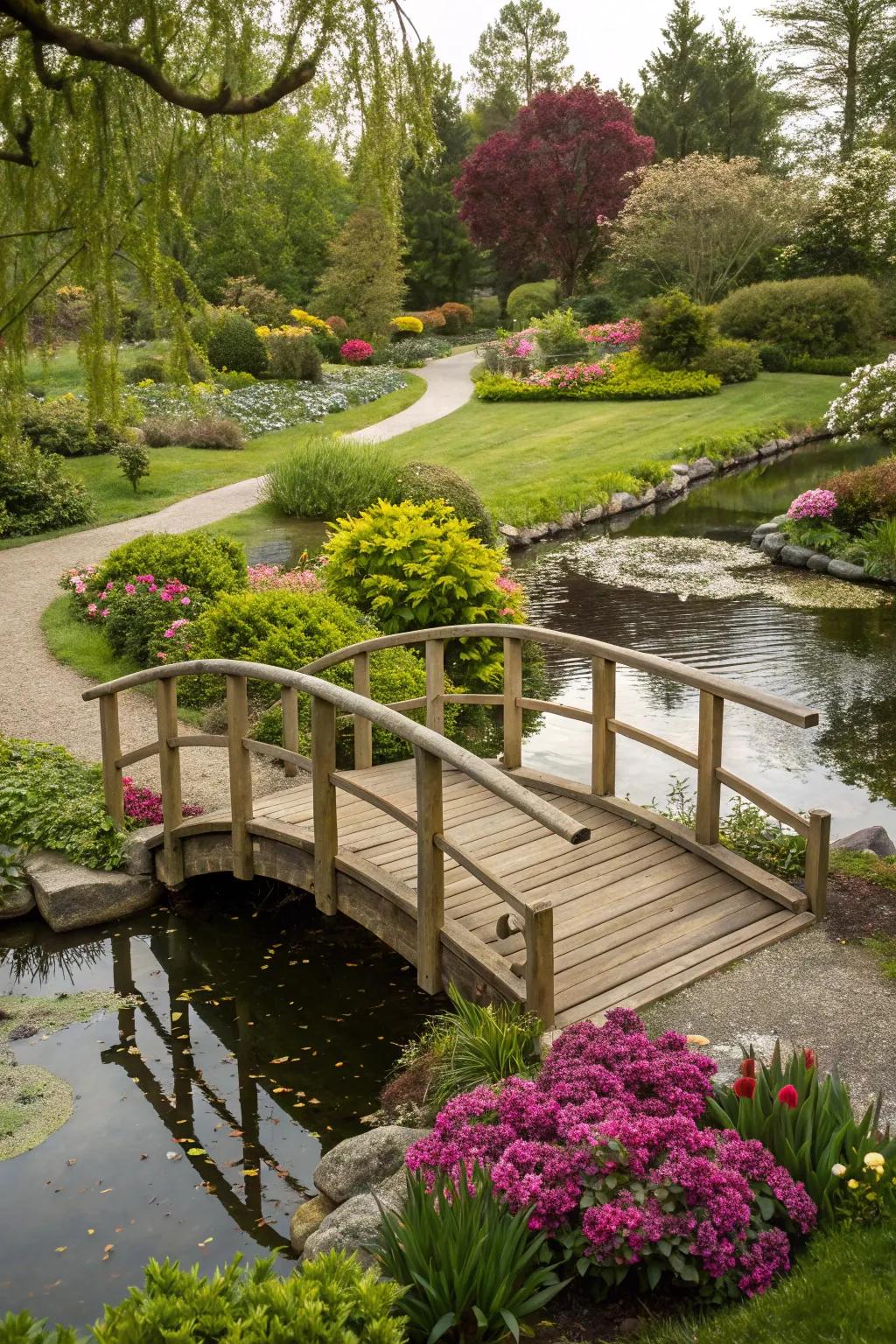 An attractive small bridge spans a backyard pond.
