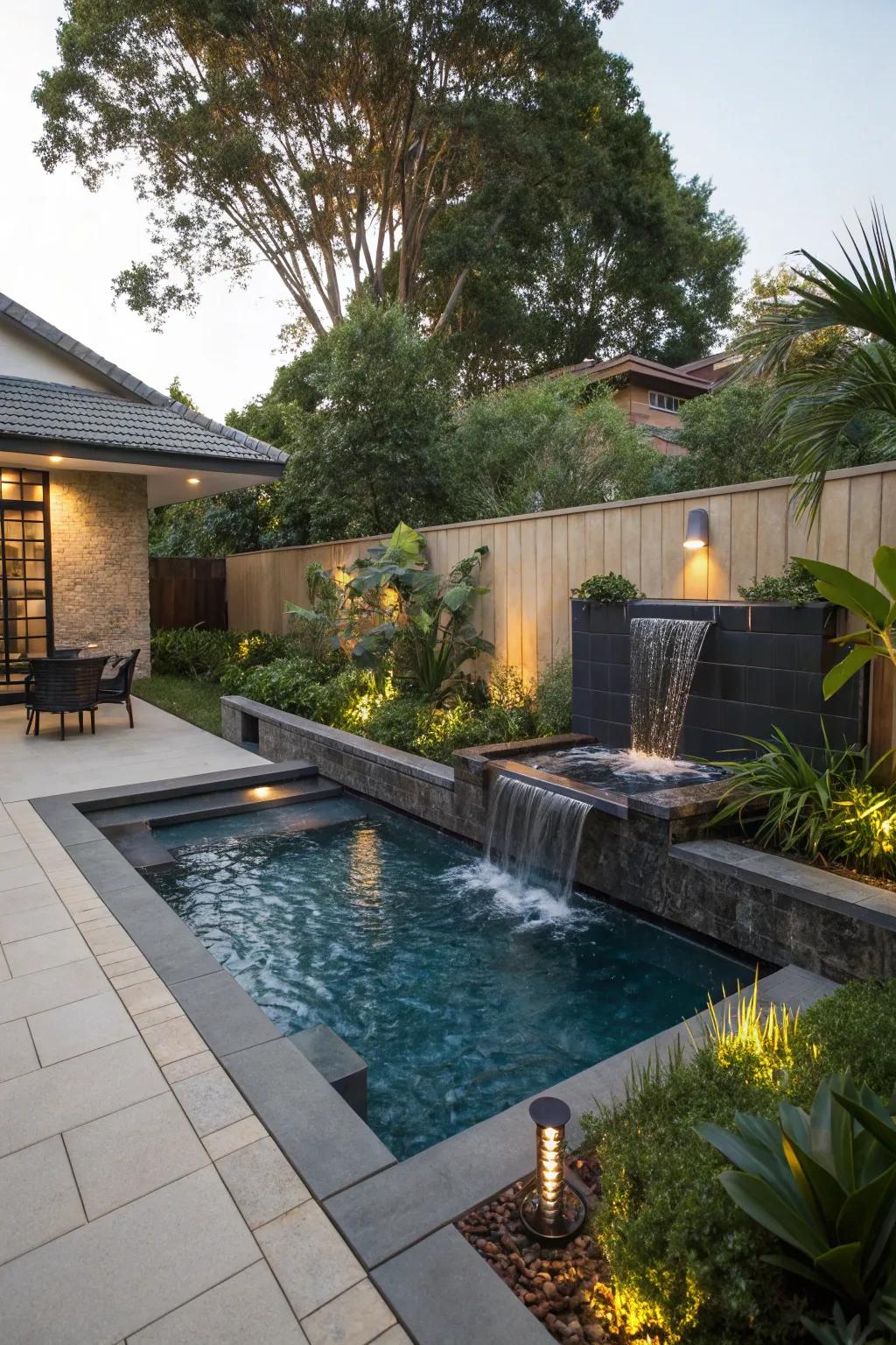Water features add a soothing and dynamic element to the pool area.