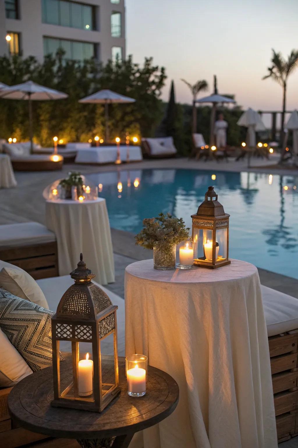 Poolside decor such as tables and lights to enhance ambiance.