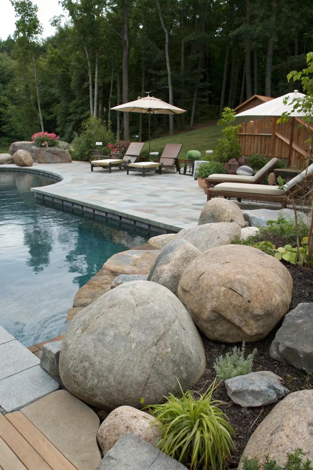 Boulders bring a striking and natural element to pool surroundings.