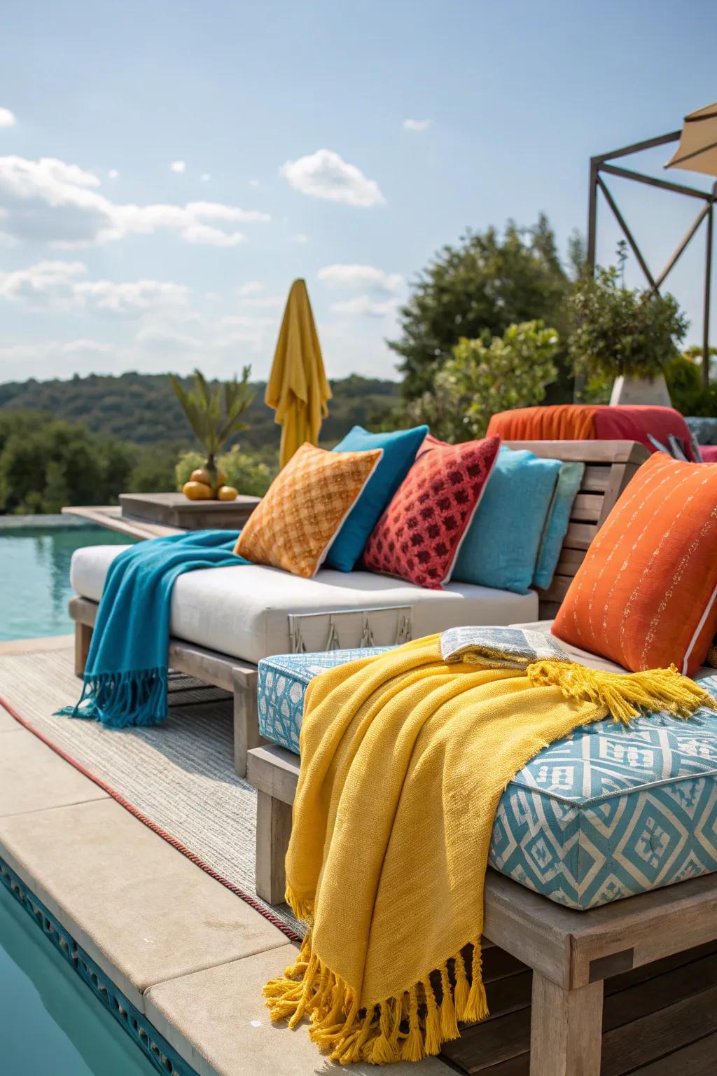 Vibrant cushions and throws infuse your pool area with energy and comfort.